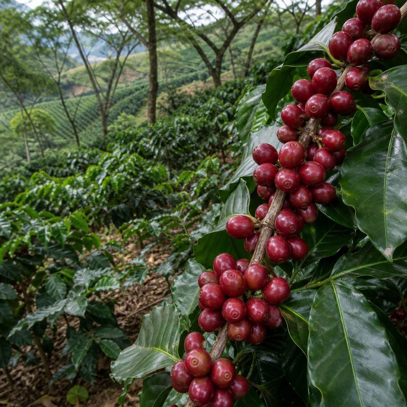 Cerezas maduras en el cafetal