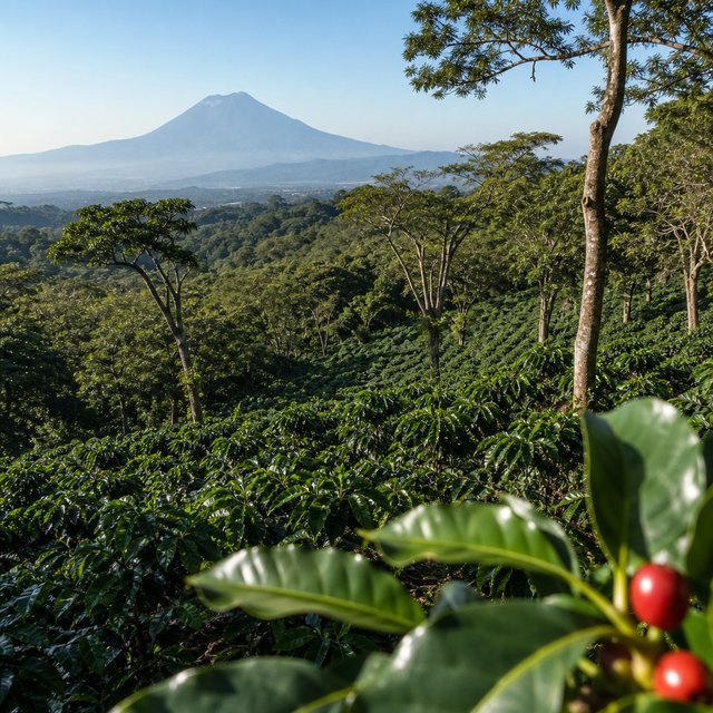 Cafetal bajo sombra en tierras volcánicas de El Salvador